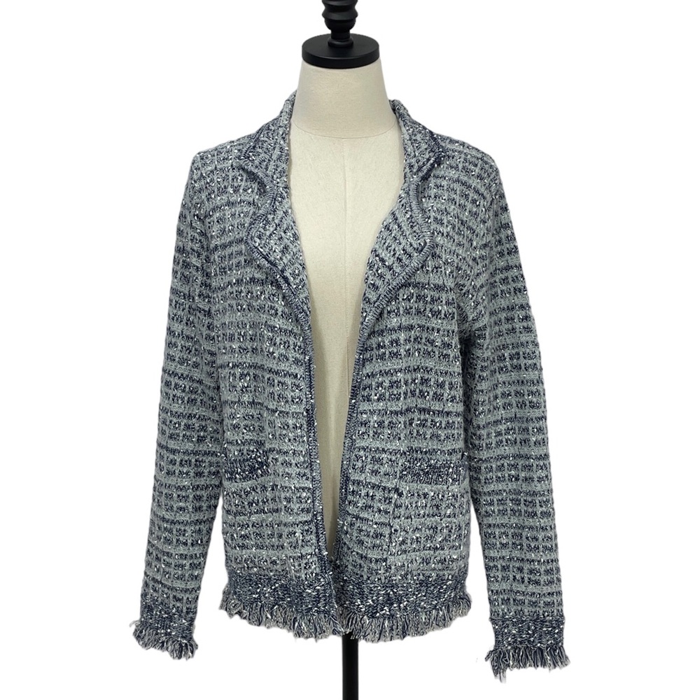 Sioni Tweed Knit Fringe Blazer/Sweater Blue and Gray Size Medium